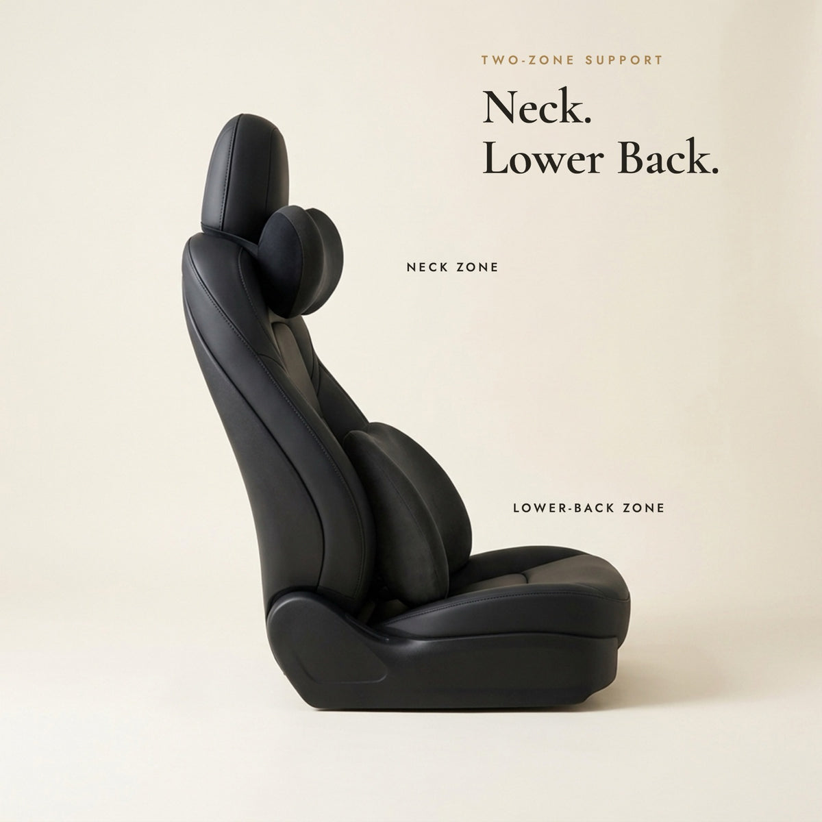 Side view of a car seat with the neck pillow at neck height and the lumbar cushion at the lower back