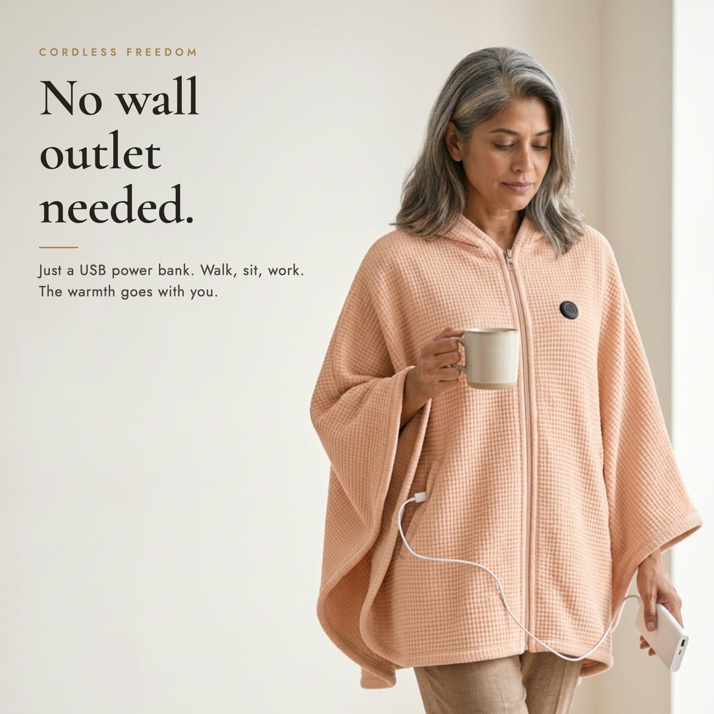 Woman walking in the Apricot heated poncho powered by a USB power bank
