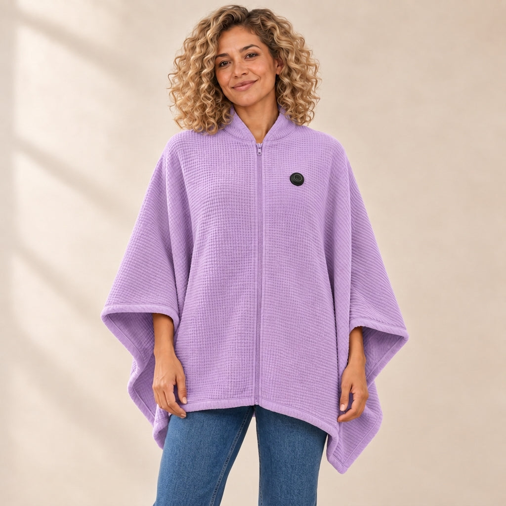 Woman wearing the Lavender heated zip-up knit poncho wrap