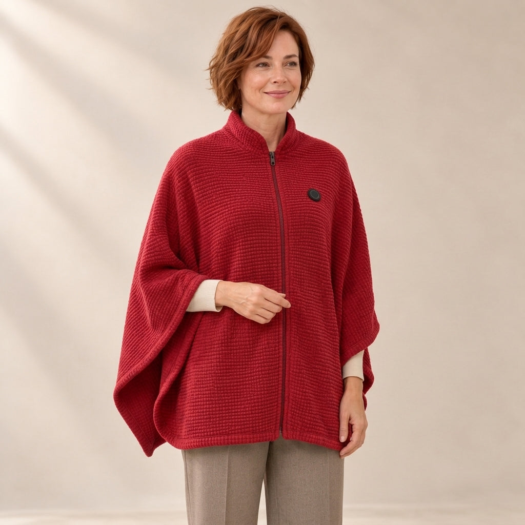 Woman wearing the Maple Red heated zip-up knit poncho wrap