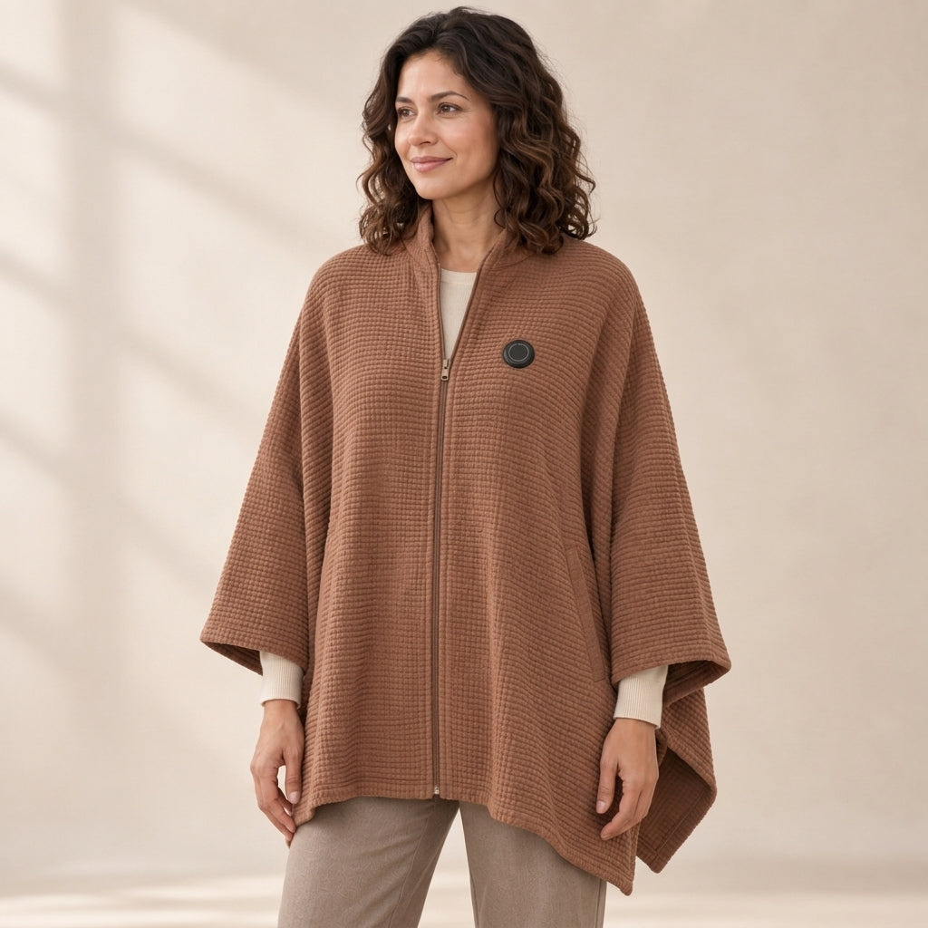Woman wearing the Mocha heated zip-up knit poncho wrap