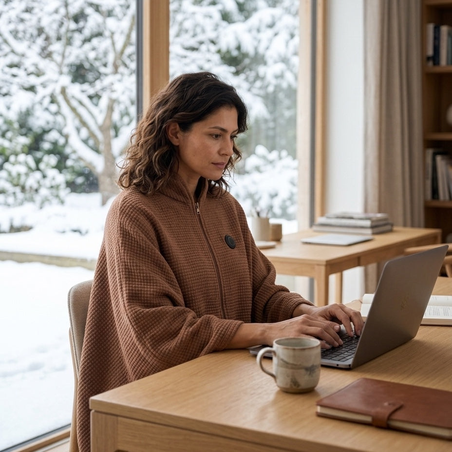 Woman working at a desk by a snowy window wearing the Mocha heated zip-up poncho