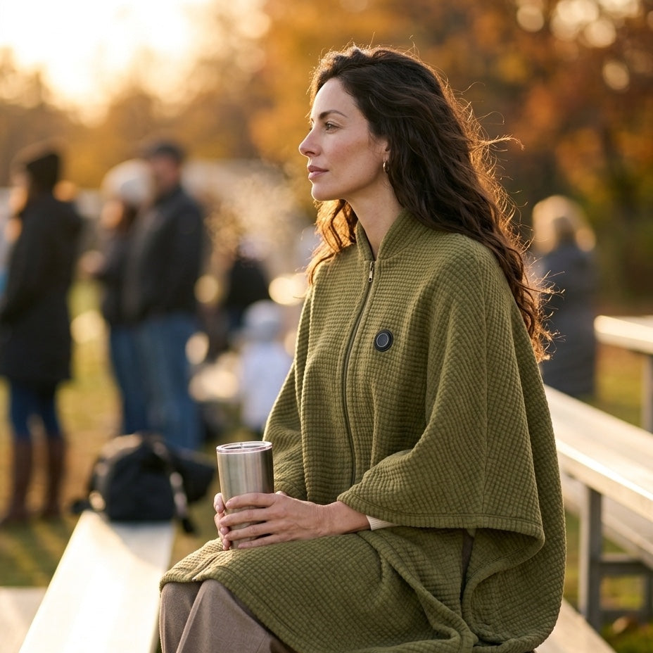 Woman on autumn bleachers at a soccer game wearing the Olive Green heated poncho