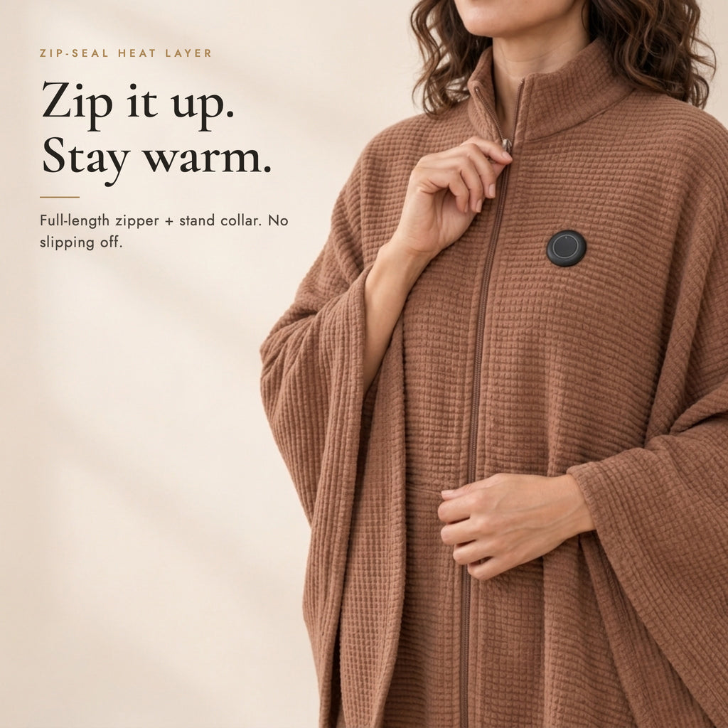 Zip it up, stay warm: woman zipping the Mocha heated poncho to the stand collar