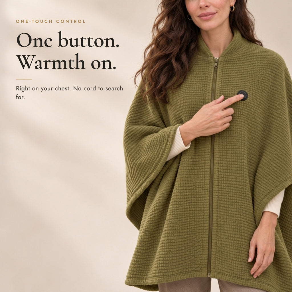One button, warmth on: pressing the chest button on the Olive Green poncho