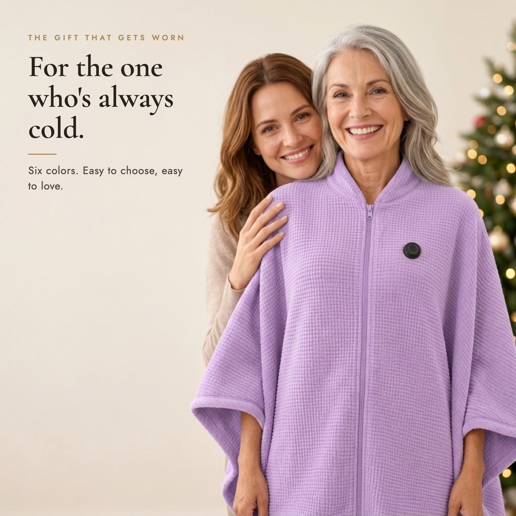 A gift for the one who is always cold: woman in the Lavender heated poncho with her daughter