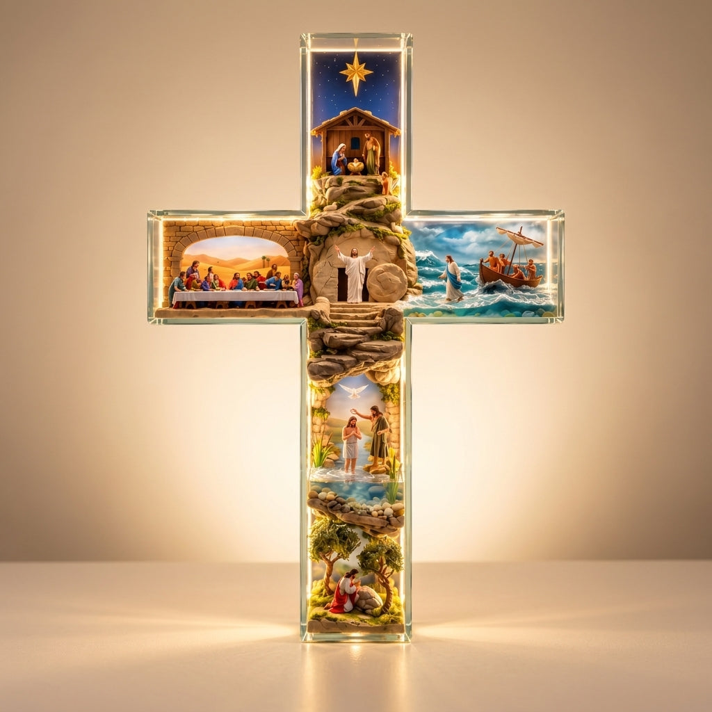 Story of Jesus Light-Up Cross glowing warmly, front view showing six scenes from the life of Jesus