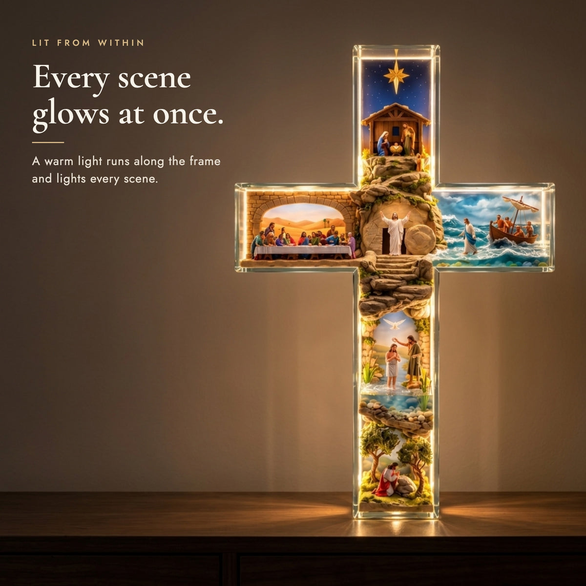 Light-up cross glowing at night with warm light along the frame lighting every scene
