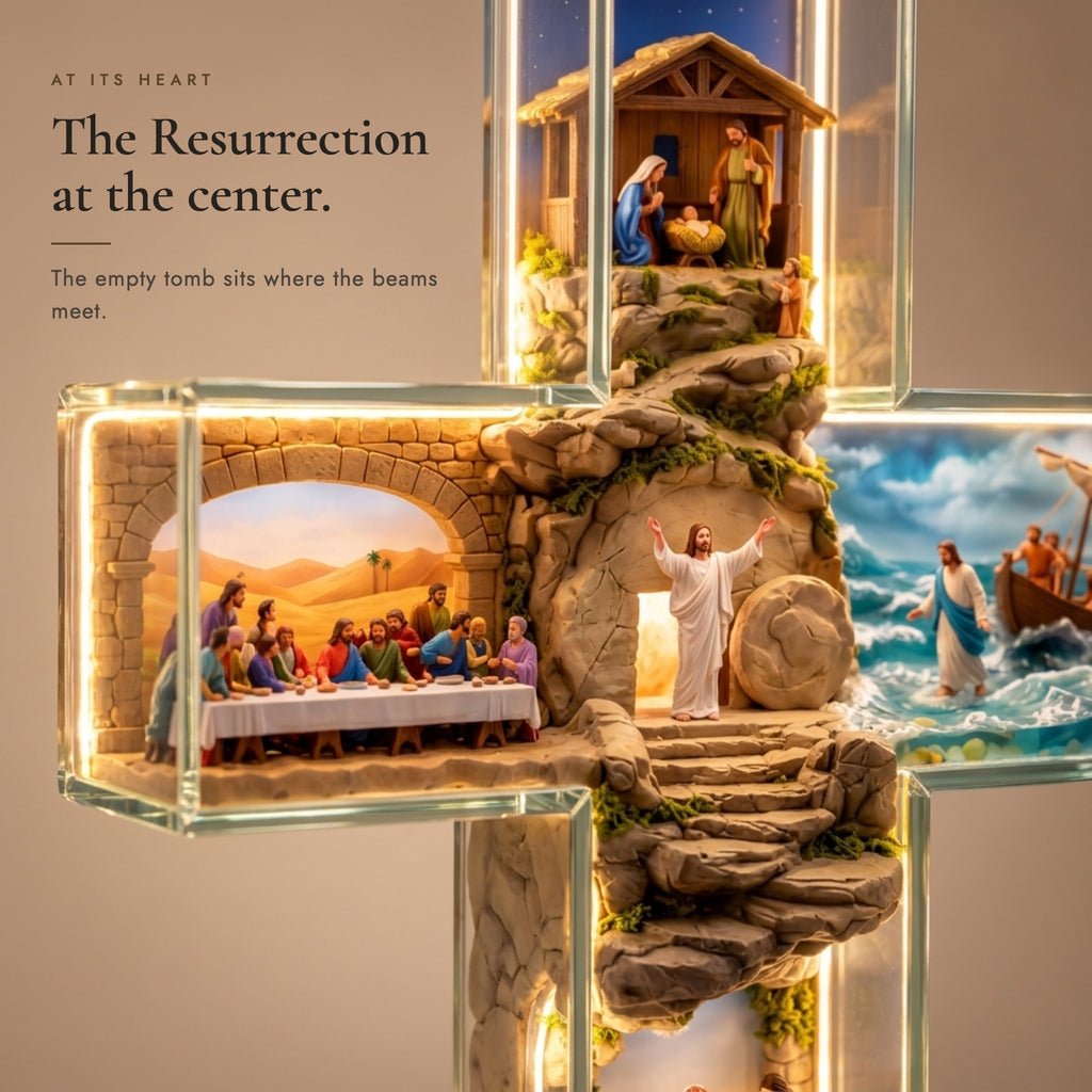 Close-up of the Resurrection scene with the empty tomb at the center where the beams meet
