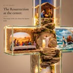 Close-up of the Resurrection scene with the empty tomb at the center where the beams meet