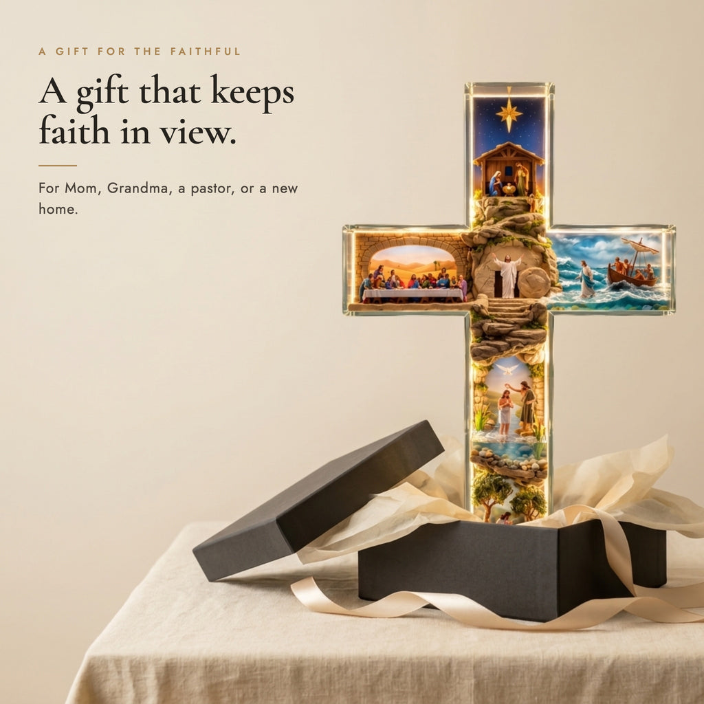 Story of Jesus cross beside an open charcoal gift box with cream tissue and ribbon