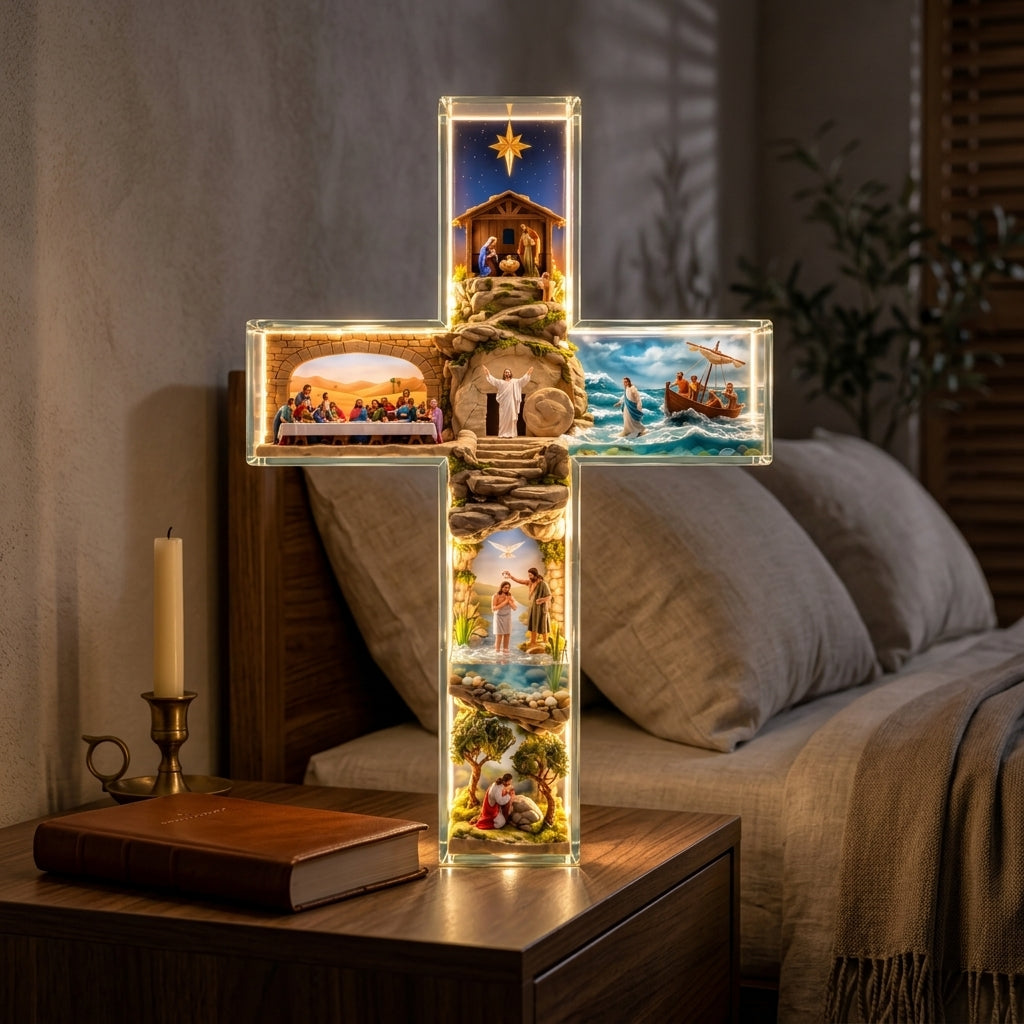 Glowing cross on a bedroom nightstand next to a leather-bound book and a candle