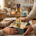 Hands giving the Story of Jesus Light-Up Cross in an open gift box