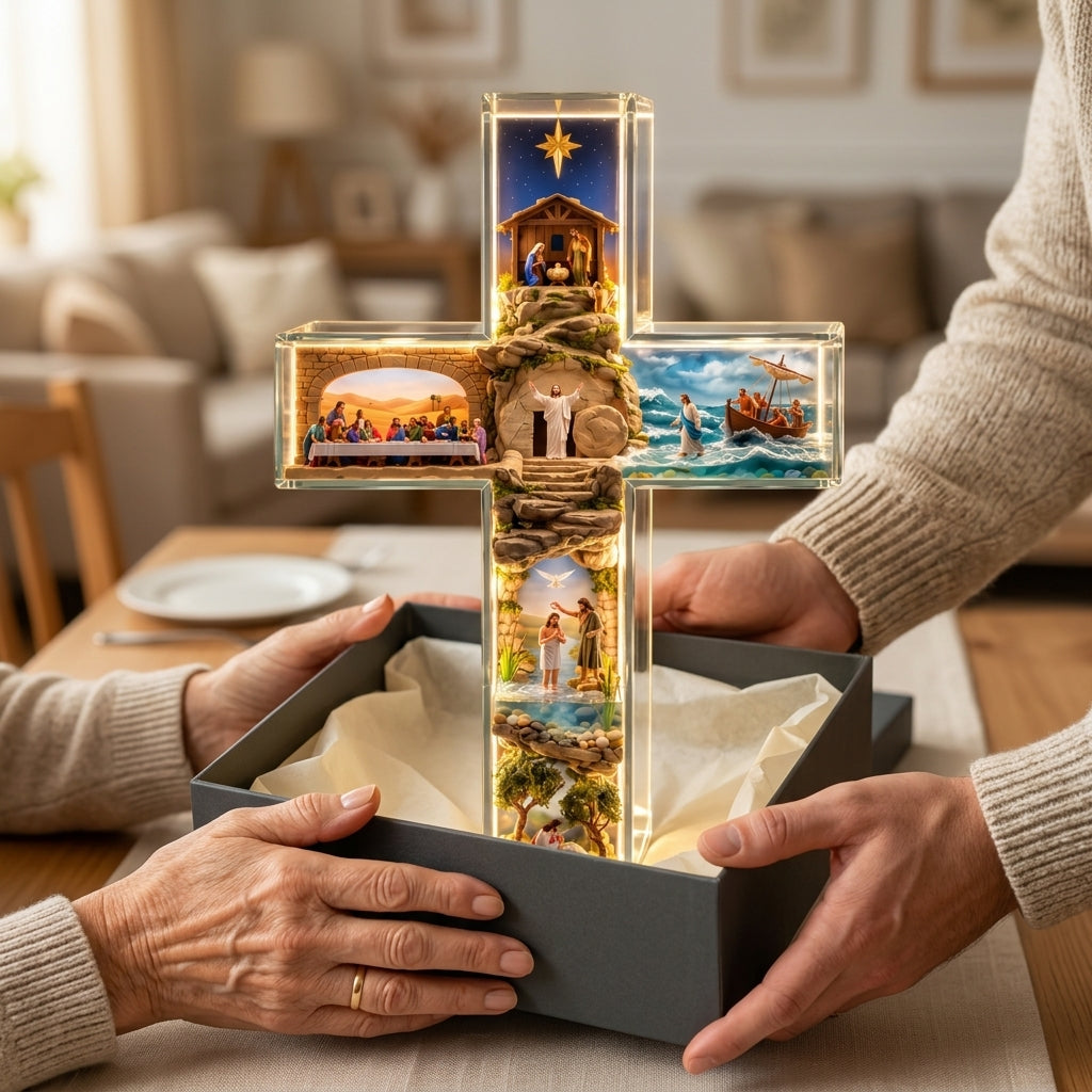 Hands giving the Story of Jesus Light-Up Cross in an open gift box