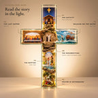 Scene map of the cross: Nativity at the top, Last Supper left arm, Walking on the Water right arm, Resurrection center, Baptism lower stem, Prayer in Gethsemane at the base