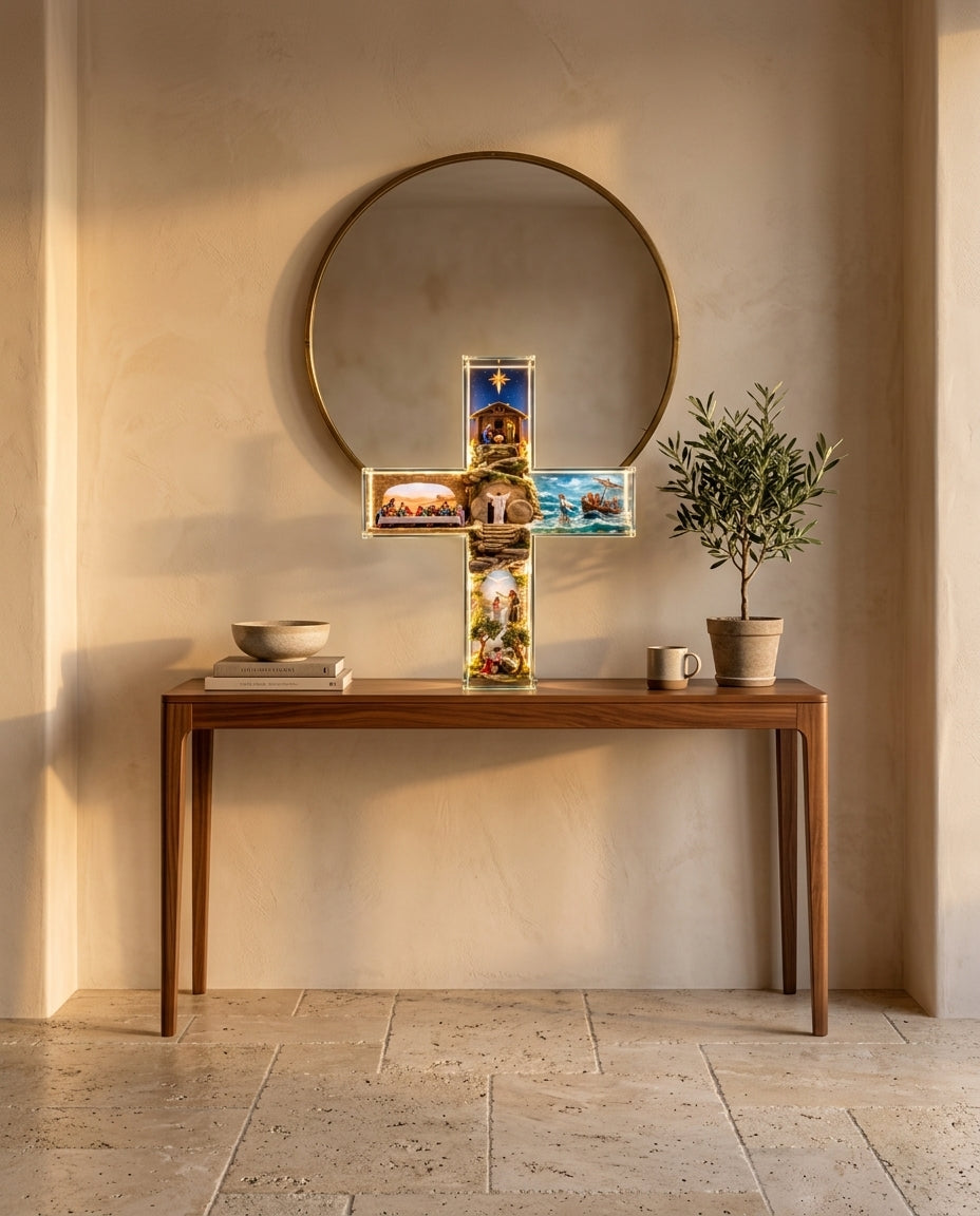 Story of Jesus Light-Up Cross on an entryway console table at golden hour
