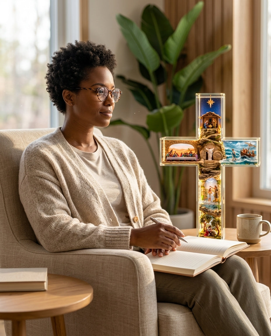 Woman in a reading nook with a journal beside the glowing Story of Jesus cross