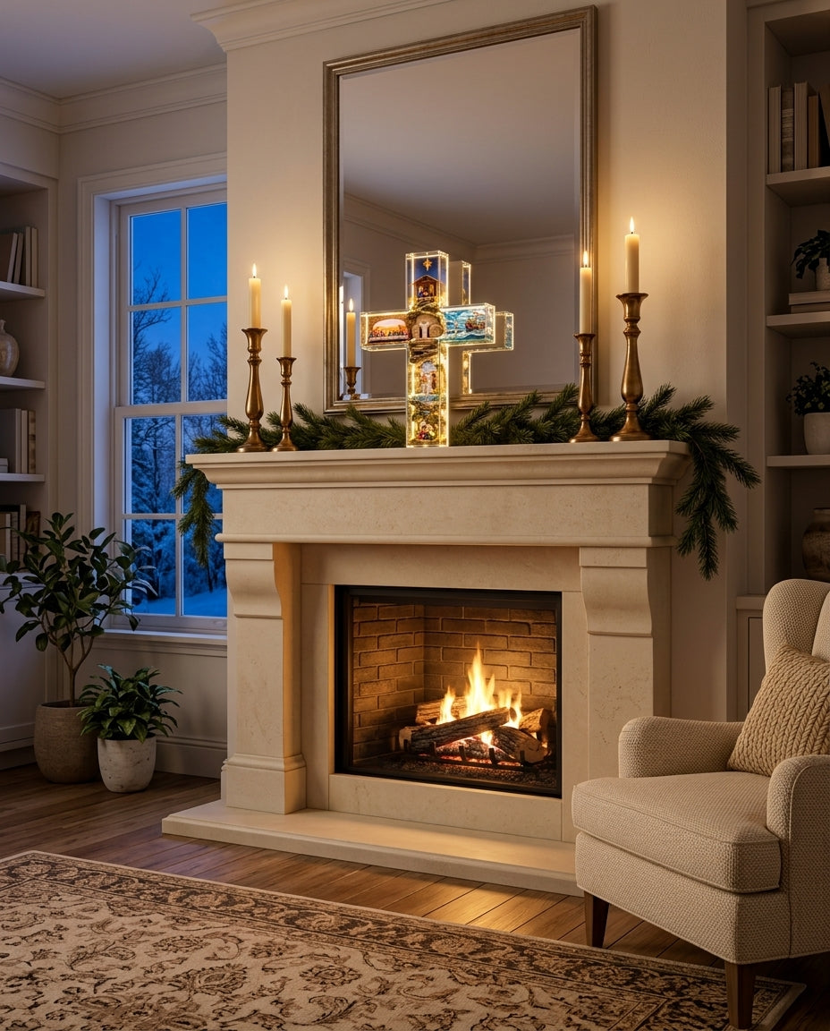 Glowing Story of Jesus cross on a fireplace mantel on a winter evening
